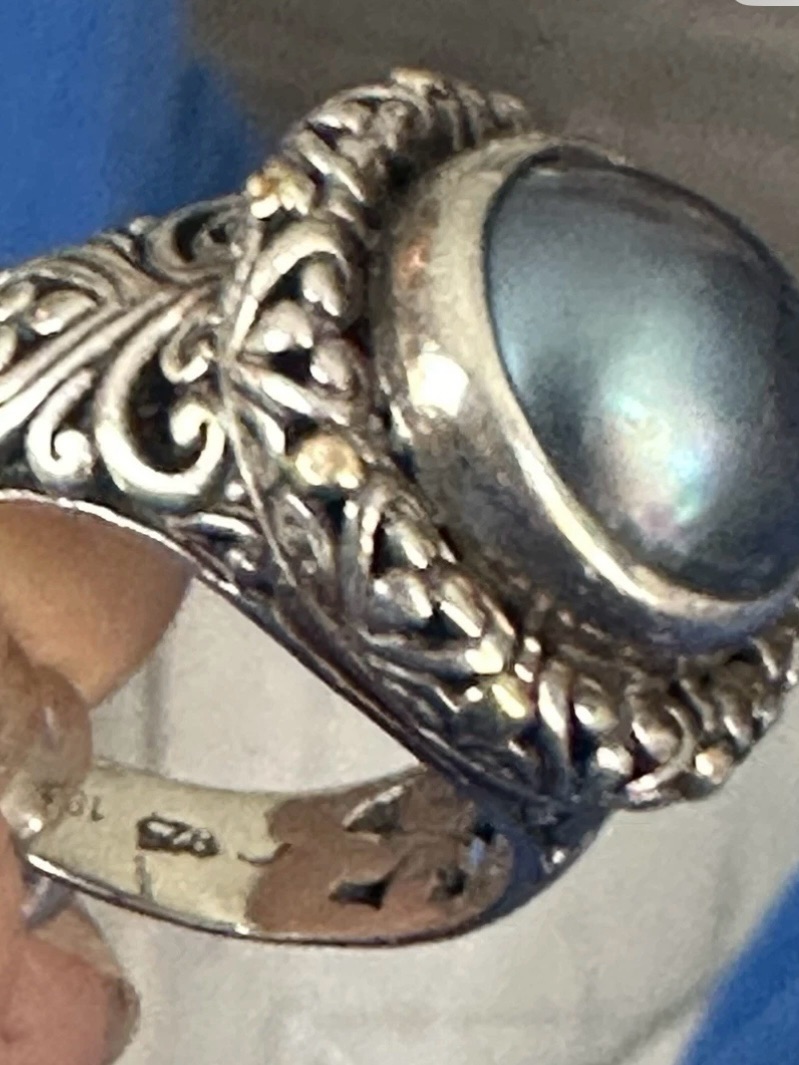 Sterling Silver Filigree Ring With Gray-Blue Pearl Cabochon